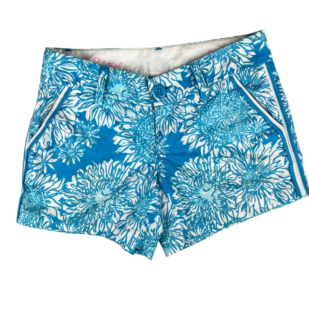 Lilly Pulitzer Callahan Shorts Blue White Floral Sunflower Print Womens Size 2